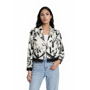 Alberto Makali Blazer Women Size 10 White Black Silhouette Toile Lace Trm Jacket